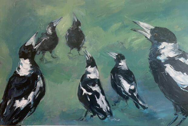 A group of magpies singing together with thick impressionistic brush strokes and loose charcoal lines.