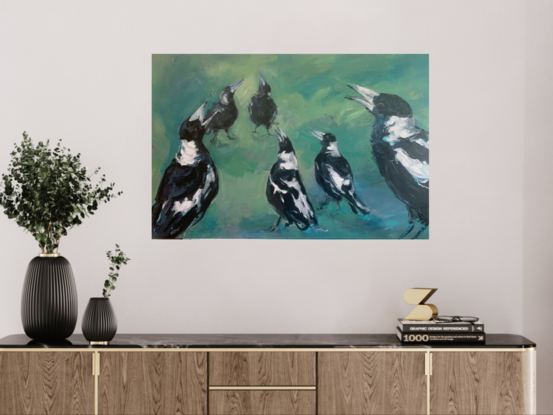 A group of magpies singing together with thick impressionistic brush strokes and loose charcoal lines.