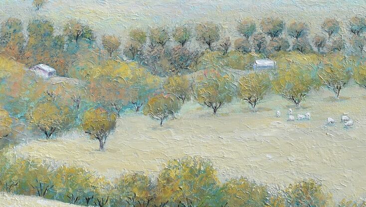 A painting of an Australian country landscape with distant rolling hills, gum trees, farm houses and grazing sheep.