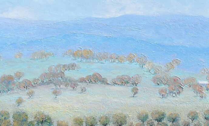 A painting of an Australian country landscape with distant rolling hills, gum trees, farm houses and grazing sheep.