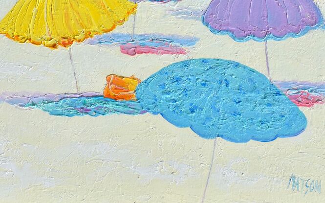 A textured vertical painting with beach umbrellas, sail boats and a turquoise ocean.