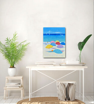 A textured vertical painting with beach umbrellas, sail boats and a turquoise ocean.