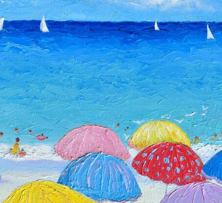 A textured vertical painting with beach umbrellas, sail boats and a turquoise ocean.