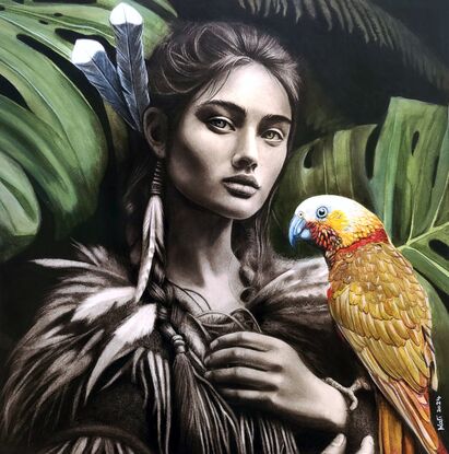 Portrait of a beautiful strong  Maori woman who is a guardian of the forest with a large parrot perched in her hands.