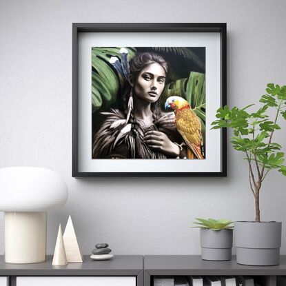 Portrait of a beautiful strong  Maori woman who is a guardian of the forest with a large parrot perched in her hands.