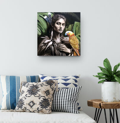 Portrait of a beautiful strong  Maori woman who is a guardian of the forest with a large parrot perched in her hands.