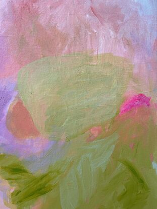 A mix of pinks and lilac with accents of oil stick for texture. Unframed- get in touch for framing.