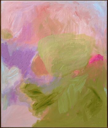 A mix of pinks and lilac with accents of oil stick for texture. Unframed- get in touch for framing.