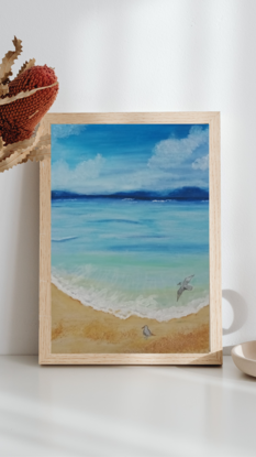 Used oil pastel to make the beautiful sea, white acrylic paint to create the waves, it comes with frame, you can keep it in a windowsill or can be hanged as well, ready to hang, ocean painting with two seagulls 