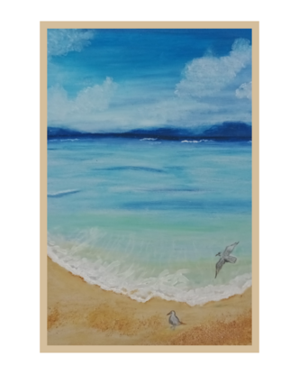 Used oil pastel to make the beautiful sea, white acrylic paint to create the waves, it comes with frame, you can keep it in a windowsill or can be hanged as well, ready to hang, ocean painting with two seagulls 