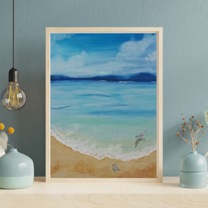 Used oil pastel to make the beautiful sea, white acrylic paint to create the waves, it comes with frame, you can keep it in a windowsill or can be hanged as well, ready to hang, ocean painting with two seagulls 