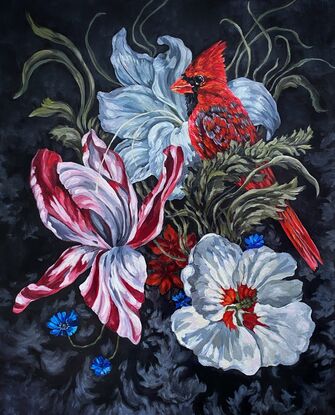 Red cardinal sits among flowers and vines with white  flowers and blue flower and striped red and white tulip on black and grey patterned ground 