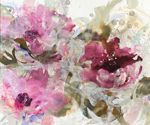 Three pink areas of colour reminiscent of flowers surrounded by light green and brown poured and dropped paint.