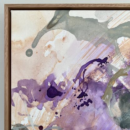 Abstracted swirls, blotches and expressive lines convey an energy and joy found in nature, whilst remaining suggestive of purple flowers amongst green foliage.