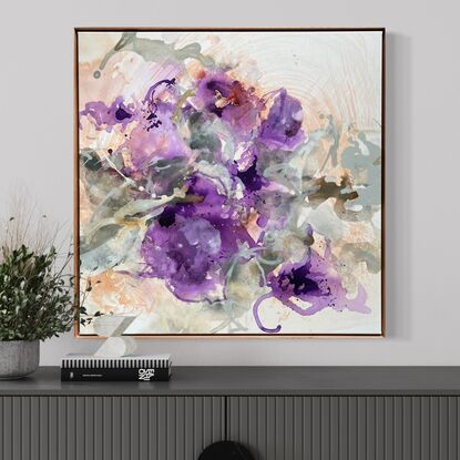 Abstracted swirls, blotches and expressive lines convey an energy and joy found in nature, whilst remaining suggestive of purple flowers amongst green foliage.