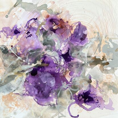 Abstracted swirls, blotches and expressive lines convey an energy and joy found in nature, whilst remaining suggestive of purple flowers amongst green foliage.