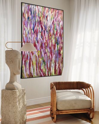 This vibrant oil painting by acclaimed Australian artist Anna Cai captures the essence of spring in full bloom. The canvas is a riot of colors, with bold strokes of red, pink, purple, and green. The dynamic brushwork creates a sense of movement, as if the flowers and foliage are swaying gently in the breeze. The use of rich textures and layers adds depth to the composition, drawing the viewer into a lush, dreamlike garden. Inspired by the Impressionist masters, Cai's technique emphasizes the fleeting beauty and ephemeral nature of the season, inviting viewers to immerse themselves in the tranquil yet lively scene. This piece exemplifies Cai's ability to blend vivid colors and expressive brushwork to evoke the renewal and vibrancy of spring.