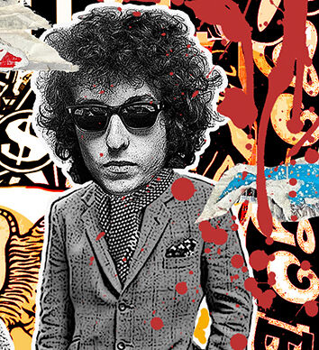 A funky portrait of Elvis and Bob Dylan in street art style.