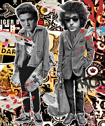 A funky portrait of Elvis and Bob Dylan in street art style.