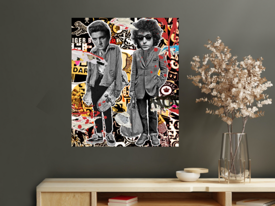 A funky portrait of Elvis and Bob Dylan in street art style.