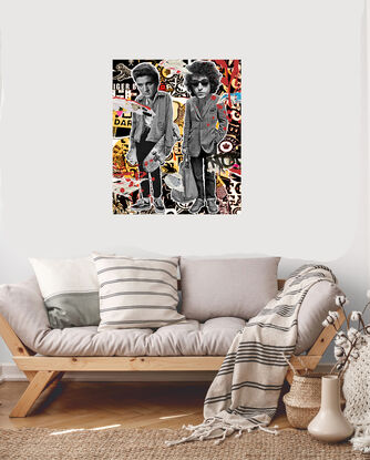 A funky portrait of Elvis and Bob Dylan in street art style.