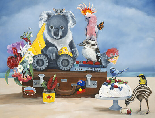 A is for Australia...iconic food, animals, state flora and fauna.  Many hours went into creating this artwork.  the original is now sold. 
Professionally photographed and printed to retain the beauty of the original oil painting piece. 

Archival inks and materials. 
Printed on demand.  Please allow for 10-14 days delivery. 