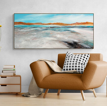 Colourful textured abstract seascape with tan mountain range in the horizon, blue sky and ocean below.

