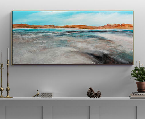 Colourful textured abstract seascape with tan mountain range in the horizon, blue sky and ocean below.

