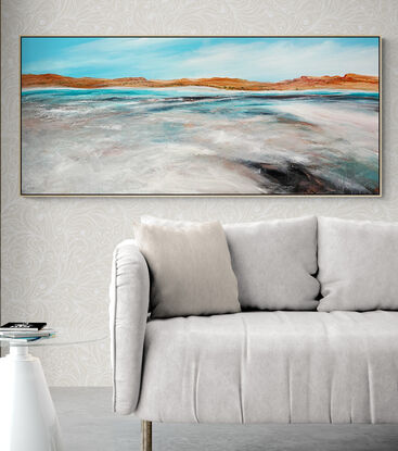 Colourful textured abstract seascape with tan mountain range in the horizon, blue sky and ocean below.

