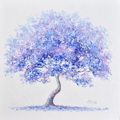 A painting of a Jacaranda tree with a thick canopy of blue and purple flowers standing out against a white painted background. The branch has a slight curve.