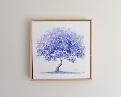 A painting of a Jacaranda tree with a thick canopy of blue and purple flowers standing out against a white painted background. The branch has a slight curve.