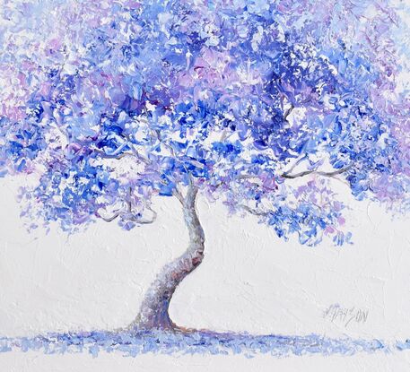 A painting of a Jacaranda tree with a thick canopy of blue and purple flowers standing out against a white painted background. The branch has a slight curve.