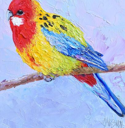 Textured oil painting of a native Australian bird, the Eastern Rosella parrot. Its face is red with a white spot on the cheek. The chest and back are bright yellow and lime green. The wings and tail feathers are blue.