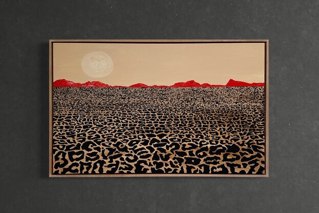 A desert lanscape, leopard print foreground mimics the dry cracked desert eath, and the mountains are a lipstick red against a cream-coloured sky.