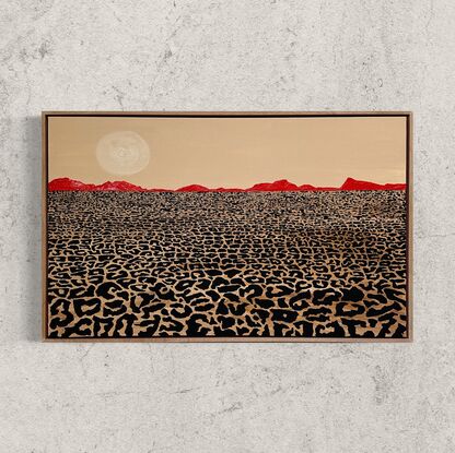 A desert lanscape, leopard print foreground mimics the dry cracked desert eath, and the mountains are a lipstick red against a cream-coloured sky.