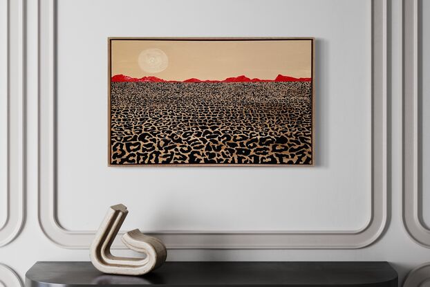 A desert lanscape, leopard print foreground mimics the dry cracked desert eath, and the mountains are a lipstick red against a cream-coloured sky.