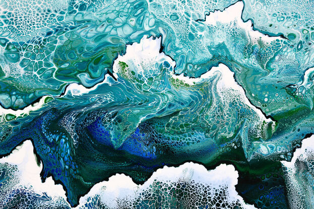 ABSTRACT painting that gives the impression of soothing ocean waves lapping in to soft sandy beach with slow easy waves creating crests of white..  The intricate mosaic pattern within the tonal green hues and tones of teal and aquamarine and deep blue hues and the glimmering metallics adds added interest and intrigue. The water seems to sparkle like jewels. The copper helps the warer look like churning waters on the shore...
The closer you get to the painting the more of the interesting details and patterns you can see. Metallics add an extra depth because the painting changes personality when one views from different angles.
although it is an impressionistic abstract, it still has a sense of motion of waves moving and frothing white!