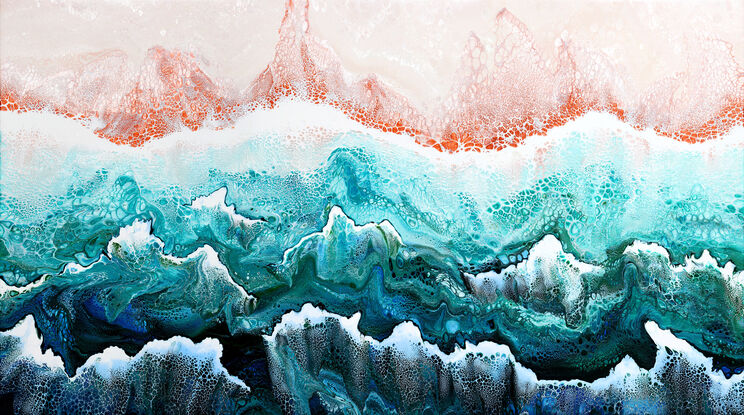 ABSTRACT painting that gives the impression of soothing ocean waves lapping in to soft sandy beach with slow easy waves creating crests of white..  The intricate mosaic pattern within the tonal green hues and tones of teal and aquamarine and deep blue hues and the glimmering metallics adds added interest and intrigue. The water seems to sparkle like jewels. The copper helps the warer look like churning waters on the shore...
The closer you get to the painting the more of the interesting details and patterns you can see. Metallics add an extra depth because the painting changes personality when one views from different angles.
although it is an impressionistic abstract, it still has a sense of motion of waves moving and frothing white!