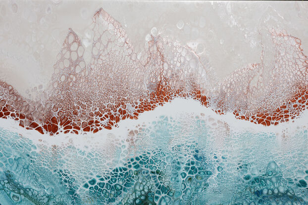 ABSTRACT painting that gives the impression of soothing ocean waves lapping in to soft sandy beach with slow easy waves creating crests of white..  The intricate mosaic pattern within the tonal green hues and tones of teal and aquamarine and deep blue hues and the glimmering metallics adds added interest and intrigue. The water seems to sparkle like jewels. The copper helps the warer look like churning waters on the shore...
The closer you get to the painting the more of the interesting details and patterns you can see. Metallics add an extra depth because the painting changes personality when one views from different angles.
although it is an impressionistic abstract, it still has a sense of motion of waves moving and frothing white!