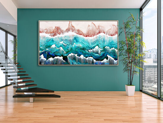 ABSTRACT painting that gives the impression of soothing ocean waves lapping in to soft sandy beach with slow easy waves creating crests of white..  The intricate mosaic pattern within the tonal green hues and tones of teal and aquamarine and deep blue hues and the glimmering metallics adds added interest and intrigue. The water seems to sparkle like jewels. The copper helps the warer look like churning waters on the shore...
The closer you get to the painting the more of the interesting details and patterns you can see. Metallics add an extra depth because the painting changes personality when one views from different angles.
although it is an impressionistic abstract, it still has a sense of motion of waves moving and frothing white!