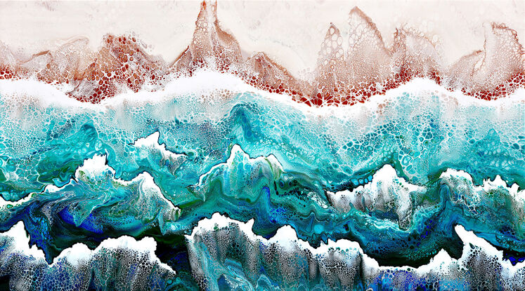 ABSTRACT painting that gives the impression of soothing ocean waves lapping in to soft sandy beach with slow easy waves creating crests of white..  The intricate mosaic pattern within the tonal green hues and tones of teal and aquamarine and deep blue hues and the glimmering metallics adds added interest and intrigue. The water seems to sparkle like jewels. The copper helps the warer look like churning waters on the shore...
The closer you get to the painting the more of the interesting details and patterns you can see. Metallics add an extra depth because the painting changes personality when one views from different angles.
although it is an impressionistic abstract, it still has a sense of motion of waves moving and frothing white!