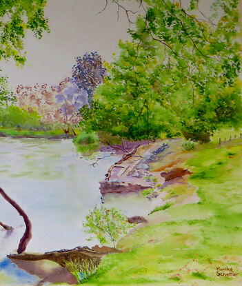 varying tones of green foliage along the ragged banks of the slow moving water of the Murray River with the reflections and being in the spring season I added some pastel purple foliage to hint at Jacaranda blooms