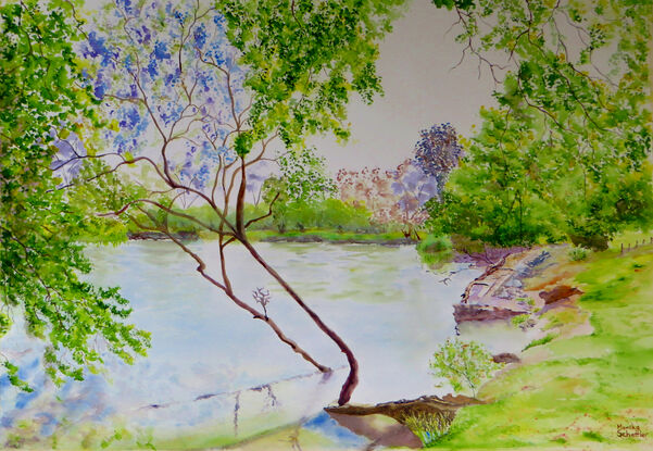 varying tones of green foliage along the ragged banks of the slow moving water of the Murray River with the reflections and being in the spring season I added some pastel purple foliage to hint at Jacaranda blooms