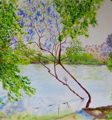 varying tones of green foliage along the ragged banks of the slow moving water of the Murray River with the reflections and being in the spring season I added some pastel purple foliage to hint at Jacaranda blooms