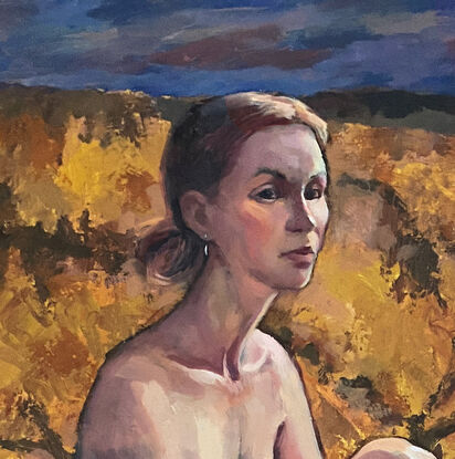 Oil painting of a female nude, in the countryside, sitting on a red cloth, looking at the viewer. The landscape is rough scrub and ochre terrain, in hues of brown, russet, orange and deep green. There is deep blue sky at the top of the painting. The painting is textured, and varnished.