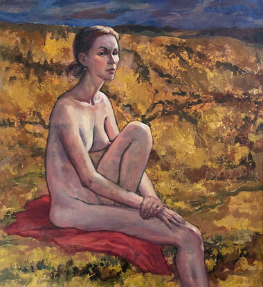 Oil painting of a female nude, in the countryside, sitting on a red cloth, looking at the viewer. The landscape is rough scrub and ochre terrain, in hues of brown, russet, orange and deep green. There is deep blue sky at the top of the painting. The painting is textured, and varnished.