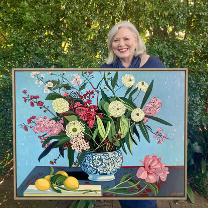 A still life painting of flowers and fruit in blues, reds, oranges, yellows, whites, pinks and greens