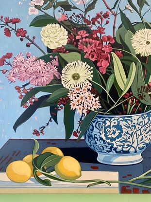 A still life painting of flowers and fruit in blues, reds, oranges, yellows, whites, pinks and greens