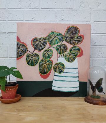 Measuring  45cm x 45cm 

Acrylic on canvas 

Inspired by the Peperomia plant 

Signed with certificate of authenticity 

