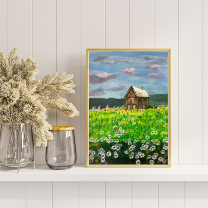 Beautiful white daisy field and a farmhouse on a rainy day painted on paper and framed, ready to hang with metal hook or can keep it in windowsill. acrylic paints on paper and brush strokes to crate this lovely painting. small painting suitable for kitchen, TV room, doorway and study 